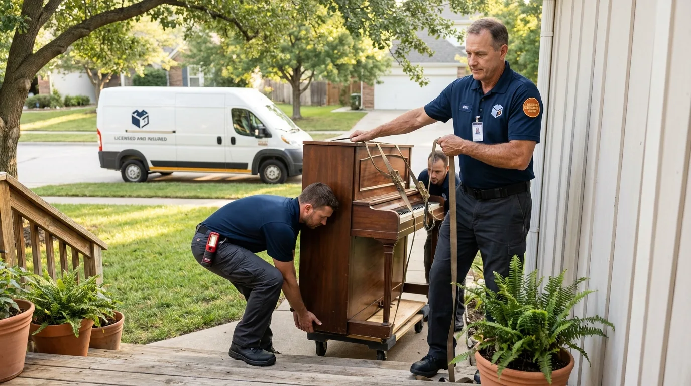 Licensed piano movers securing grand piano in Acton, ME