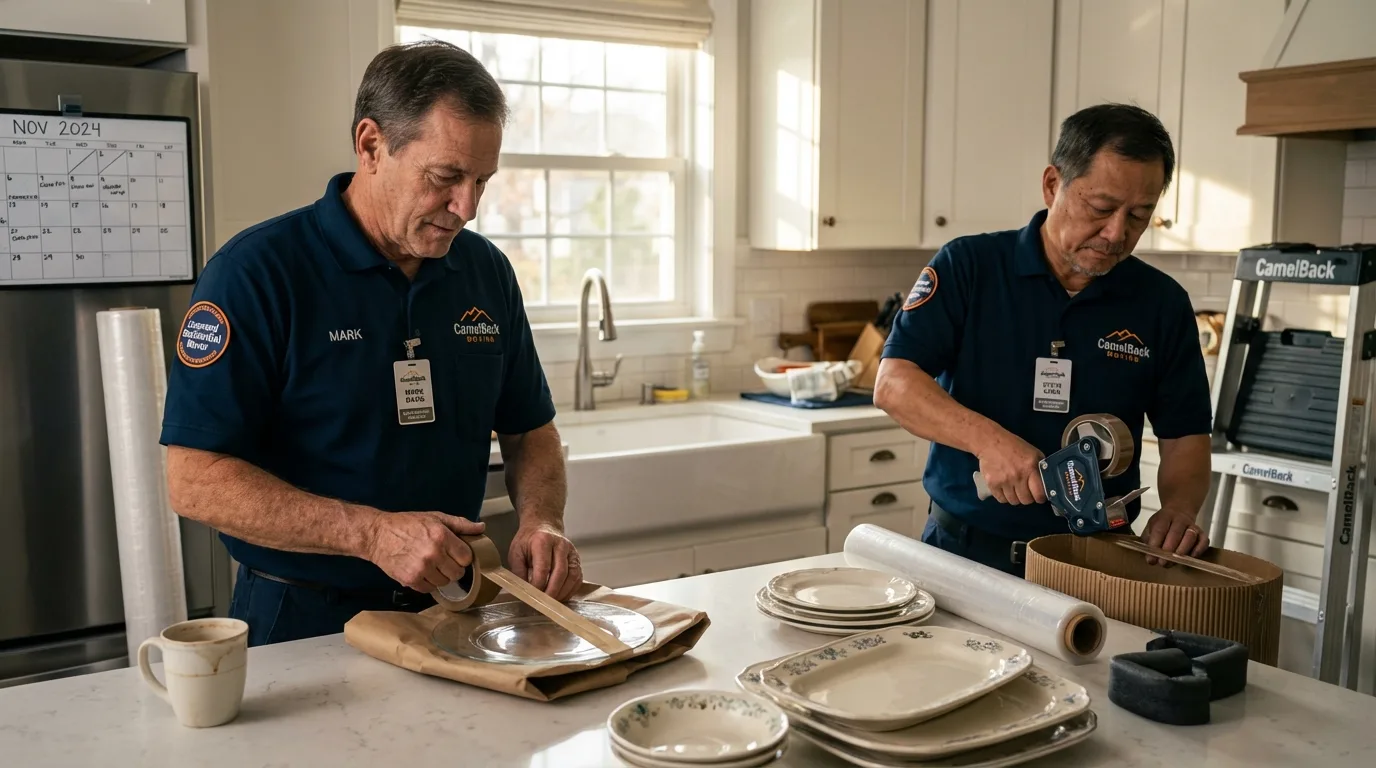 Professional crew packing kitchen dishware in Acton, ME